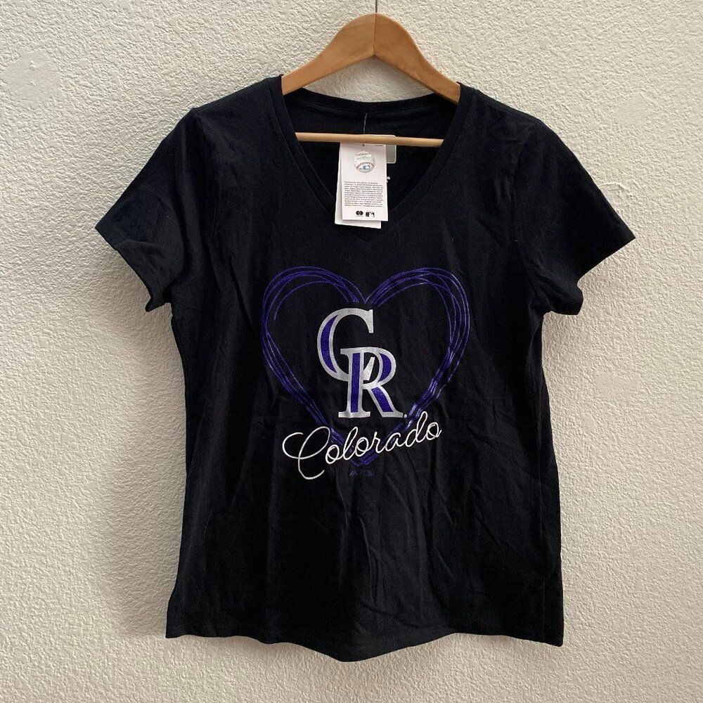 Colorado Rockies Baseball MLB Majestic V-Neck T-Shirt Size Medium NWT Black